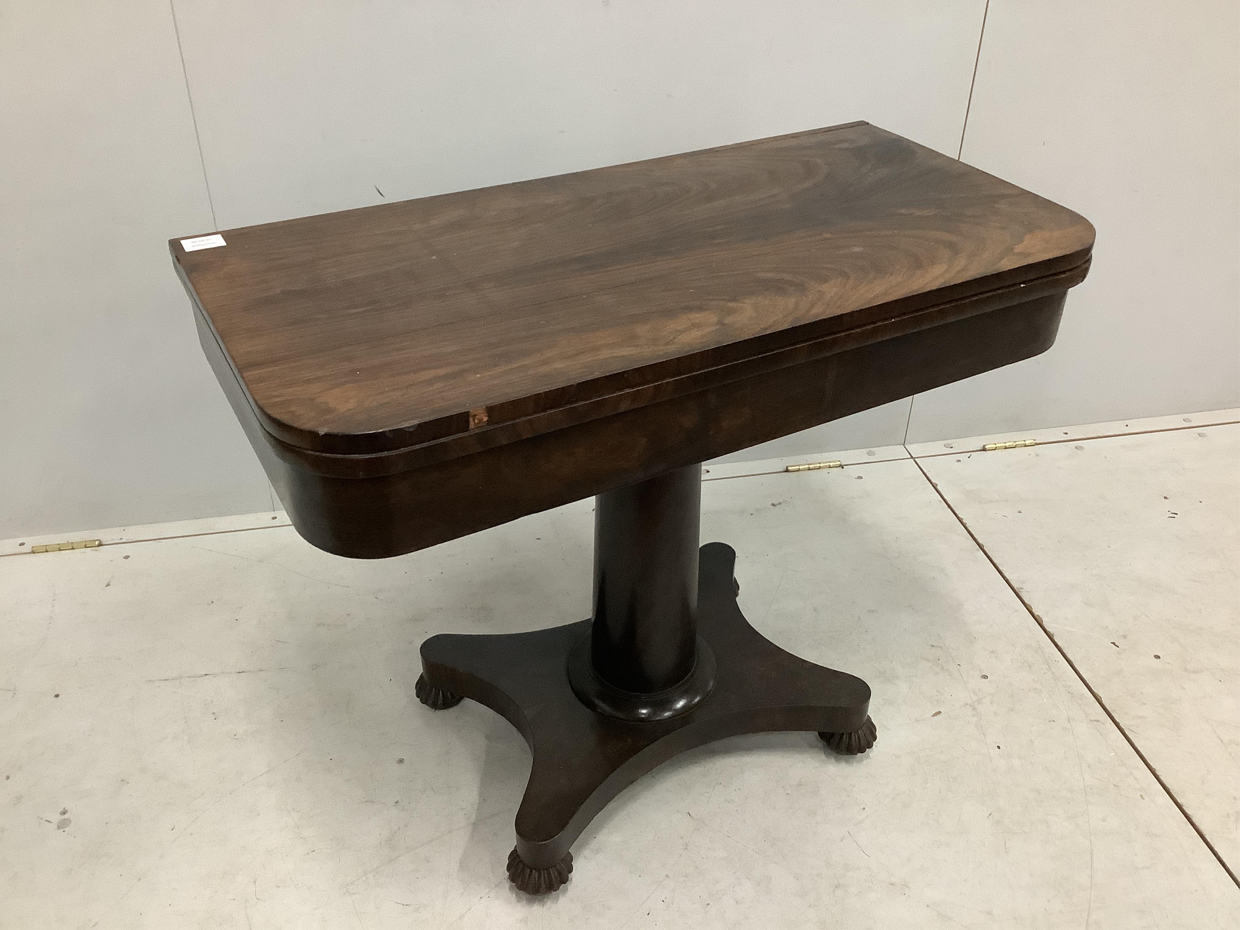 An early Victorian rosewood folding card table, width 91cm, depth 46cm, height 74cm. Condition - poor